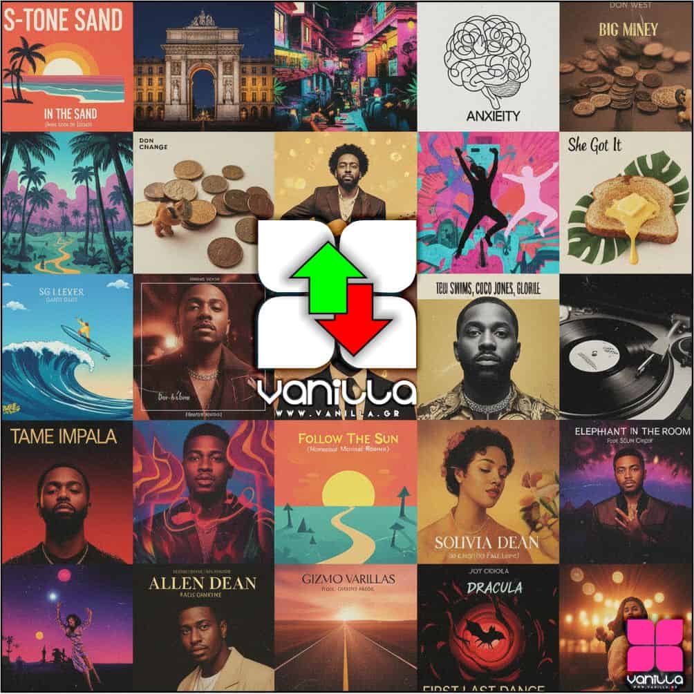 Κολάζ με εξώφυλλα δίσκων και καλλιτέχνες του Vanilla Radio για τις ευχές της νέας χρονιάς 2026